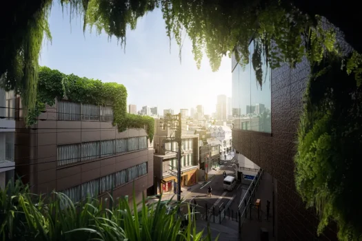 Vista urbana em perspectiva de edifícios modernos com telhados e fachadas cobertos por vegetação e plantas pendentes, simbolizando o conceito de condomínio sustentável e a integração de áreas verdes na gestão predial.
