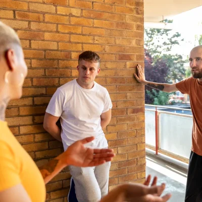 Moradores conversam sobre conflitos no condomínio no corredor
