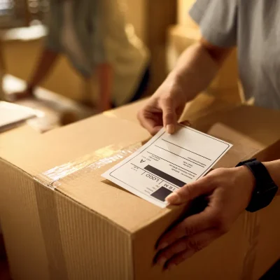 Close-up de mãos anexando uma etiqueta de endereço em uma encomenda de papelão, simbolizando o processo de recebimento de encomendas e a organização necessária em condomínios.