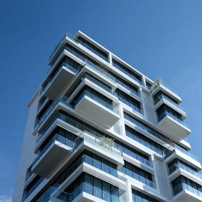 Edifício residencial moderno com varandas e fachadas de vidro sob céu azul, representando conservação patrimonial em condomínios.