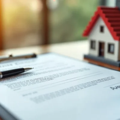 Documento imobiliário com caneta e miniatura de casa