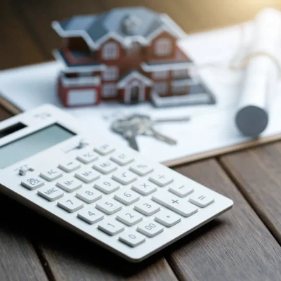 Calculadora sobre mesa ao lado de miniatura de imóvel e chave, representando rotinas financeiras de condomínios.