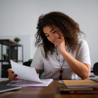 Pessoa analisando documentos financeiros na mesa
