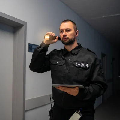 Segurança condominial com vigilante monitorando corredor