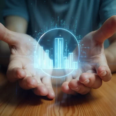 Mãos com holograma de dados representando inovação em condomínios