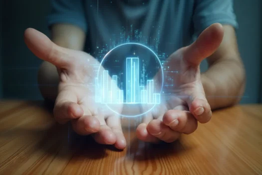 Mãos com holograma de dados representando inovação em condomínios