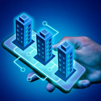 Close-up de uma mão segurando um smartphone exibindo três edifícios virtuais interligados por linhas de circuito (wireframe), simbolizando o sistema para condomínio e a tecnologia utilizada na gestão condominial integrada e digital.