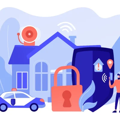 Imagem de uma câmera de segurança em condomínio monitorando a área de acesso da portaria, com cones e fita de isolamento no chão. A câmera simboliza a importância da vigilância eletrônica (CFTV) e do controle de acesso como parte de um plano de segurança completo para proteção de moradores.