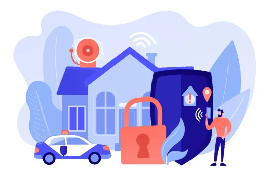 Imagem de uma câmera de segurança em condomínio monitorando a área de acesso da portaria, com cones e fita de isolamento no chão. A câmera simboliza a importância da vigilância eletrônica (CFTV) e do controle de acesso como parte de um plano de segurança completo para proteção de moradores.