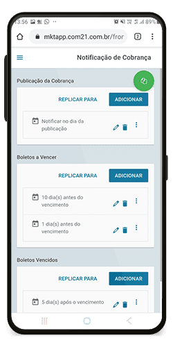 Tela do COM21 da notificação de cobranças para post de aplicativo para imobiliária.