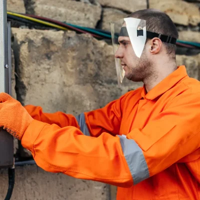 Técnico realizando manutenção de para-raios em condomínio