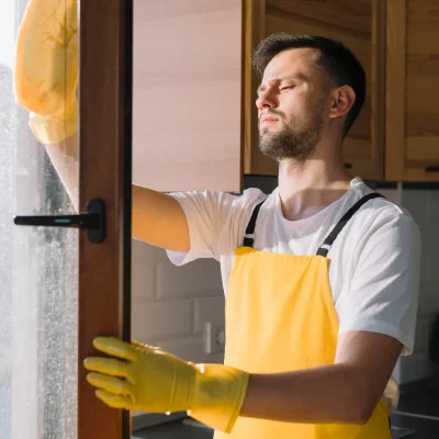 Zelador de condomínio realizando limpeza em área comum