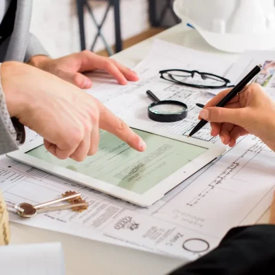 Auditoria condominial com análise financeira em tablet