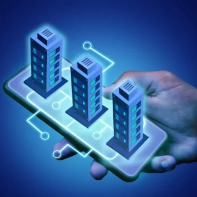 Tendências do mercado imobiliário representadas por edifícios conectados em um smartphone