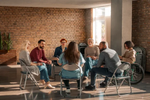 Pessoas sentadas discutindo, simbolizando assembleia hibrida