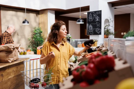 Minimercado em condomínio com moradora escolhendo produtos