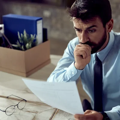 Homem preocupado com papel representando a destituição de síndico.