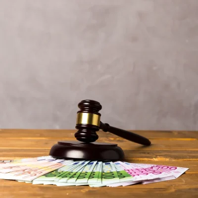 Martelo de juiz (gavel) repousando sobre uma pilha de notas de Euro, simbolizando o leilão judicial de imóveis e as questões financeiras e de dívidas condominiais que levam condomínios a leilões.