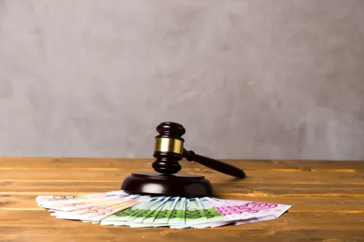 Martelo de juiz (gavel) repousando sobre uma pilha de notas de Euro, simbolizando o leilão judicial de imóveis e as questões financeiras e de dívidas condominiais que levam condomínios a leilões.