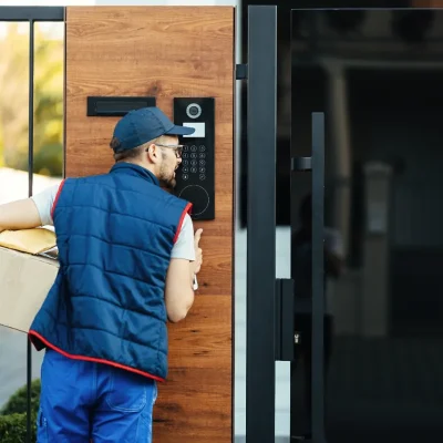 Entregador acionando interfone em portaria de condomínio