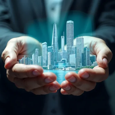 Uma pessoa de terno segurando nas mãos a projeção de uma cidade moderna e futurista. Esta imagem representa as Inovações em condomínios residenciais, que englobam tecnologia, sustentabilidade, eficiência energética e gestão digital para melhorar a rotina condominial e o bem-estar dos moradores.