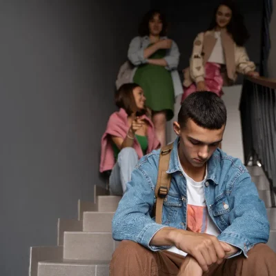 Condômino antissocial isolado em escada do condomínio.