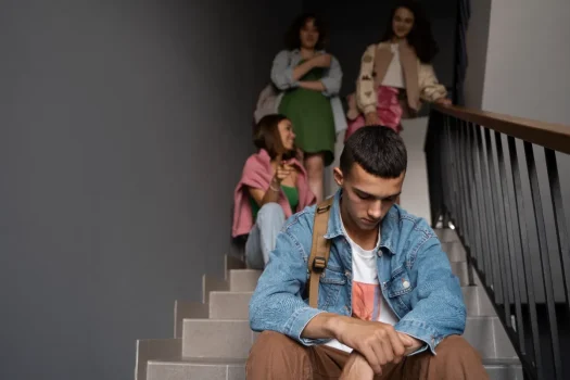 Condômino antissocial isolado em escada do condomínio.