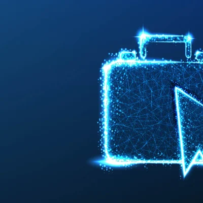 Ícone digital de malote ou maleta de documentos em fundo azul escuro, simbolizando agilidade e segurança na gestão. O malote digital para condomínio substitui o envio físico de documentos, permitindo a troca eletrônica e rastreável de boletos, atas e comunicados, promovendo sustentabilidade e economia de papel.