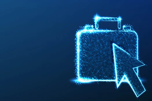 Ícone digital de malote ou maleta de documentos em fundo azul escuro, simbolizando agilidade e segurança na gestão. O malote digital para condomínio substitui o envio físico de documentos, permitindo a troca eletrônica e rastreável de boletos, atas e comunicados, promovendo sustentabilidade e economia de papel.