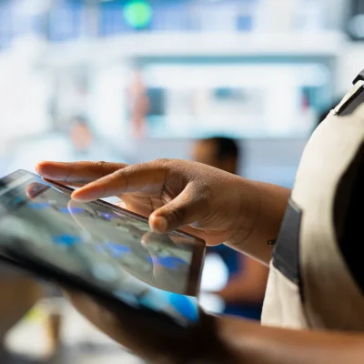 Gráfico de barras em perspectiva com a Escala de Eficiência Energética (classificações A a G, de verde a vermelho), simbolizando a busca por eficiência energética e o controle de consumo de energia em condomínios.