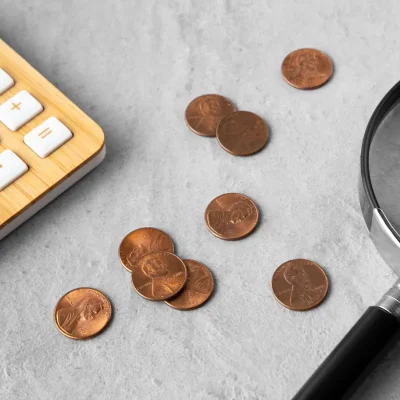 Calculadora e moedas representando reforma tributária