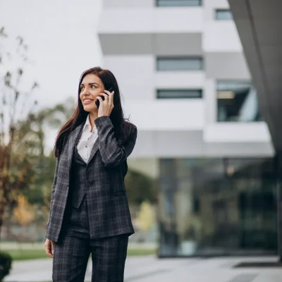 Mulher ao telefone representando quem escolhe a administradora