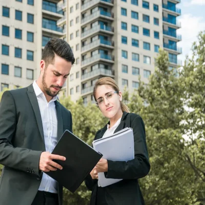 Grupo de condôminos e síndicos reunidos em torno de uma maquete de condomínio, com duas pessoas apertando as mãos, simbolizando a aprovação e o alinhamento de interesses coletivos durante a elaboração do Plano Diretor de Condomínio.