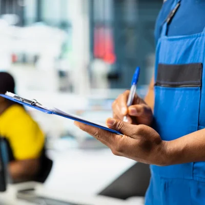 Laudo técnico sendo preenchido por profissional em vistoria