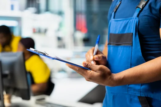 Laudo técnico sendo preenchido por profissional em vistoria