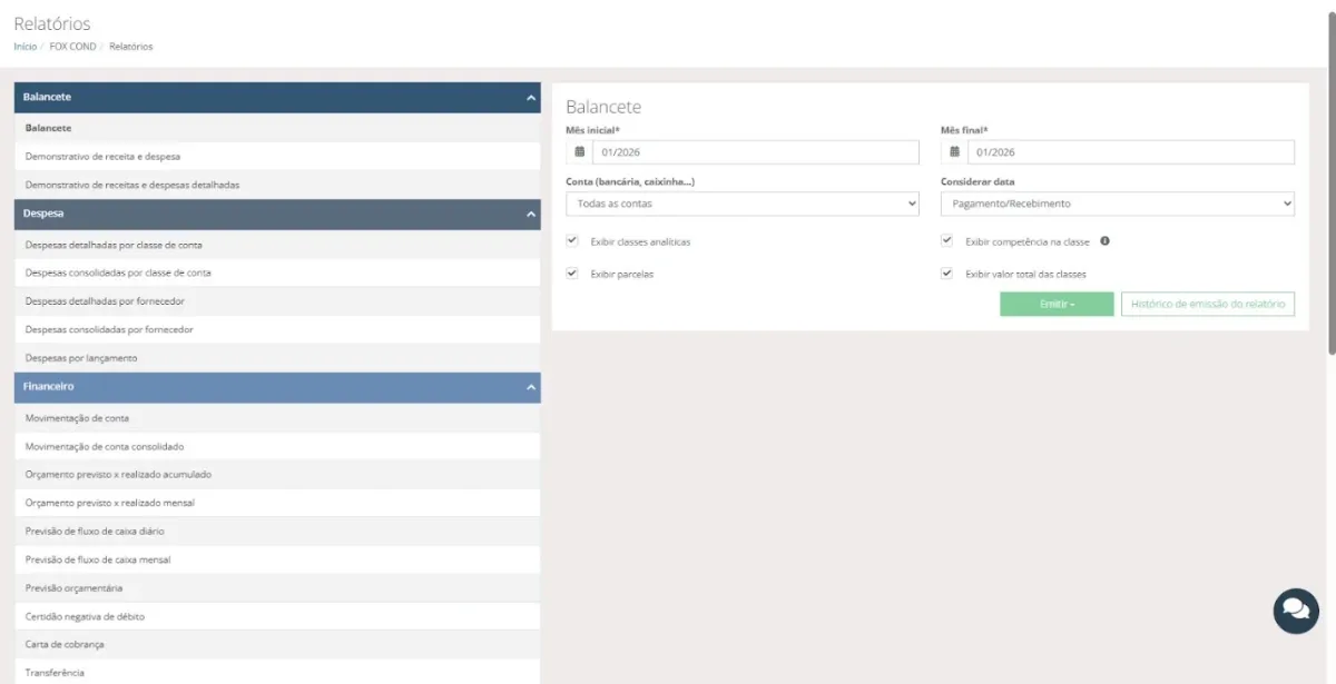 Lista de modelos de relatório de prestação de contas do sistema