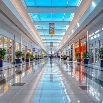 shopping center no Brasil com corredor interno e lojas em funcionamento