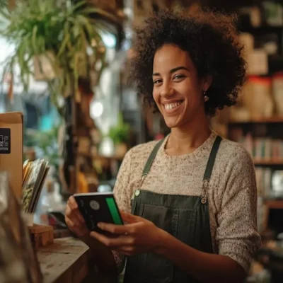 Lojista em estabelecimento comercial buscando empréstimo para lojista