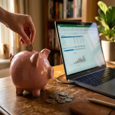 Domicílio Tributário Eletrônico com pessoa usando notebook e cofrinho para gerenciar finanças e obrigações fiscais.