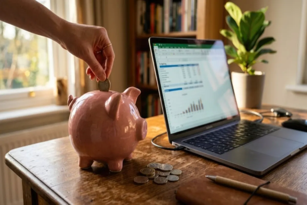Domicílio Tributário Eletrônico com pessoa usando notebook e cofrinho para gerenciar finanças e obrigações fiscais.