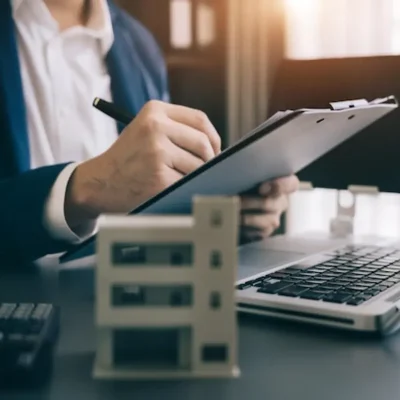 adm condominial com profissional analisando documentos e planilhas em notebook